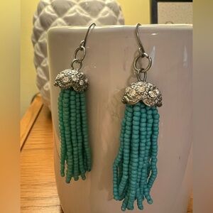 Silver and Turquoise Beaded Tassel Earrings Handcrafted EUC